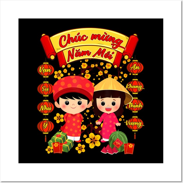 Li Xi Me Please Chuc Mung Nam Moi Vietnamese Boy Girl Ao Dai Wall Art by Namatustee